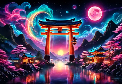 The aesthetics of Vaporwave,Landscape painting,retro,Shrine painted in neon colors,Kyoto,Fushimi Inari,torii,moon,star,cloud,aur...