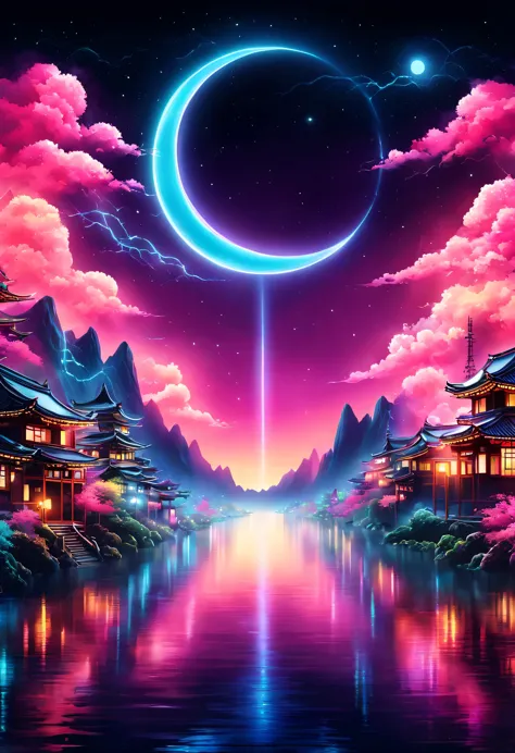 The aesthetics of Vaporwave,Landscape painting,Japan colored in neon colors,Kyoto,moon,star,cloud,aurora,beautiful,rich colors,f...