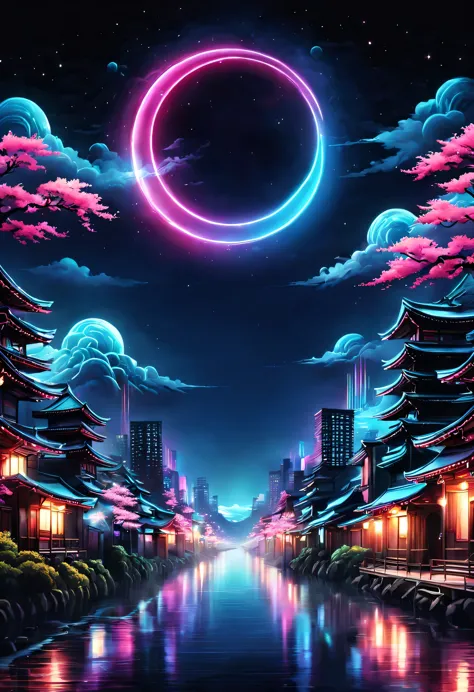 The aesthetics of Vaporwave,Landscape painting,Japan colored in neon colors,Kyoto,moon,star,cloud,aurora,beautiful,rich colors,f...