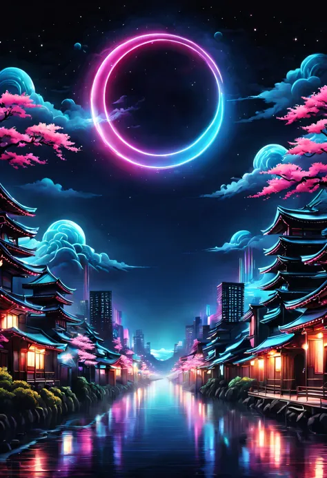 the aesthetics of vaporwave,landscape painting,japan colored in neon colors,kyoto,moon,star,cloud,aurora,beautiful,rich colors,f...