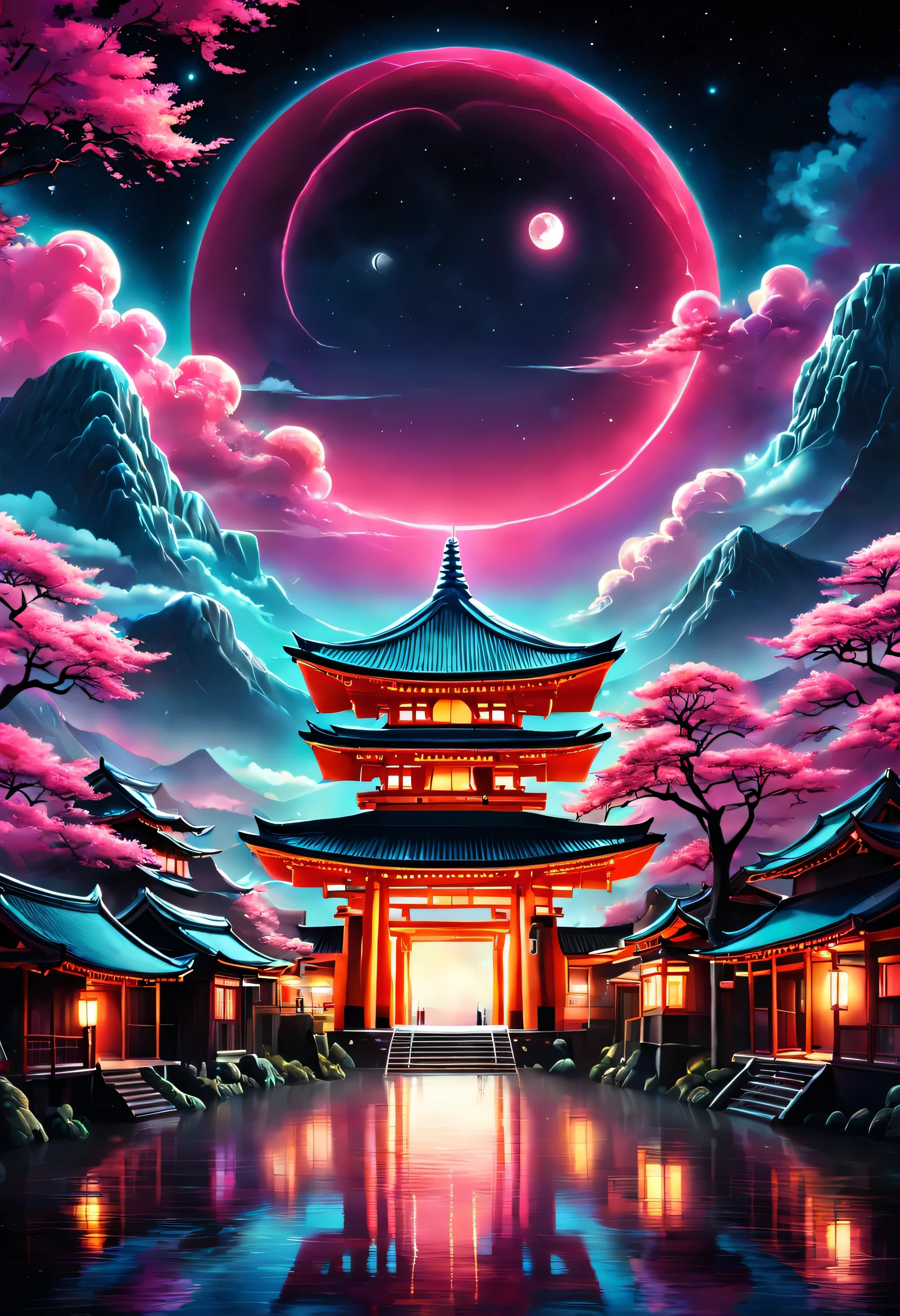 The aesthetics of Vaporwave,Landscape painting,Shrine painted in neon colors,Kyoto,Fushimi Inari,torii,two dancing demon foxes:silhouette,moon,star,cloud,aurora,beautiful,rich colors,flash,と明るいflash,Cast colorful spells,Draw in neon colors on a dark background,Fusion of good old Japanese scenery and modern art,Pop Illustration,poster,perfect composition,Design that expresses Japan,zentangle,magic elements,wonderful,masterpiece,4K,works of art,Bright colors,black,pink,Light blue,purple
