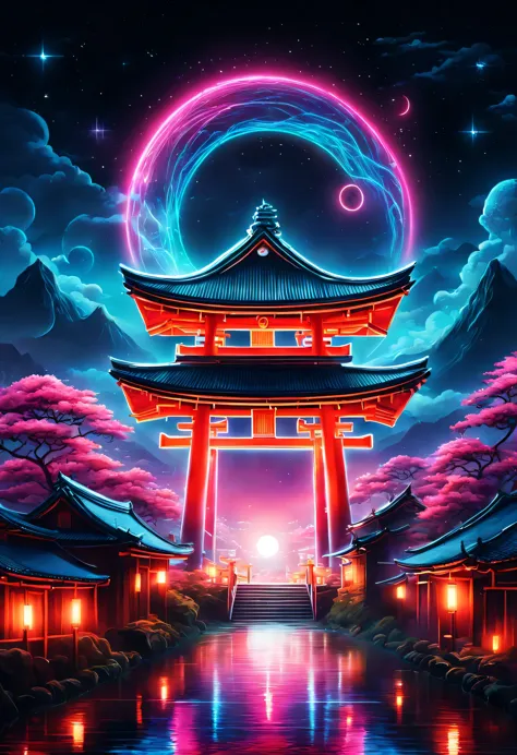 The aesthetics of Vaporwave,Landscape painting,Shrine painted in neon colors,Kyoto,Fushimi Inari,torii,moon,star,cloud,aurora,be...