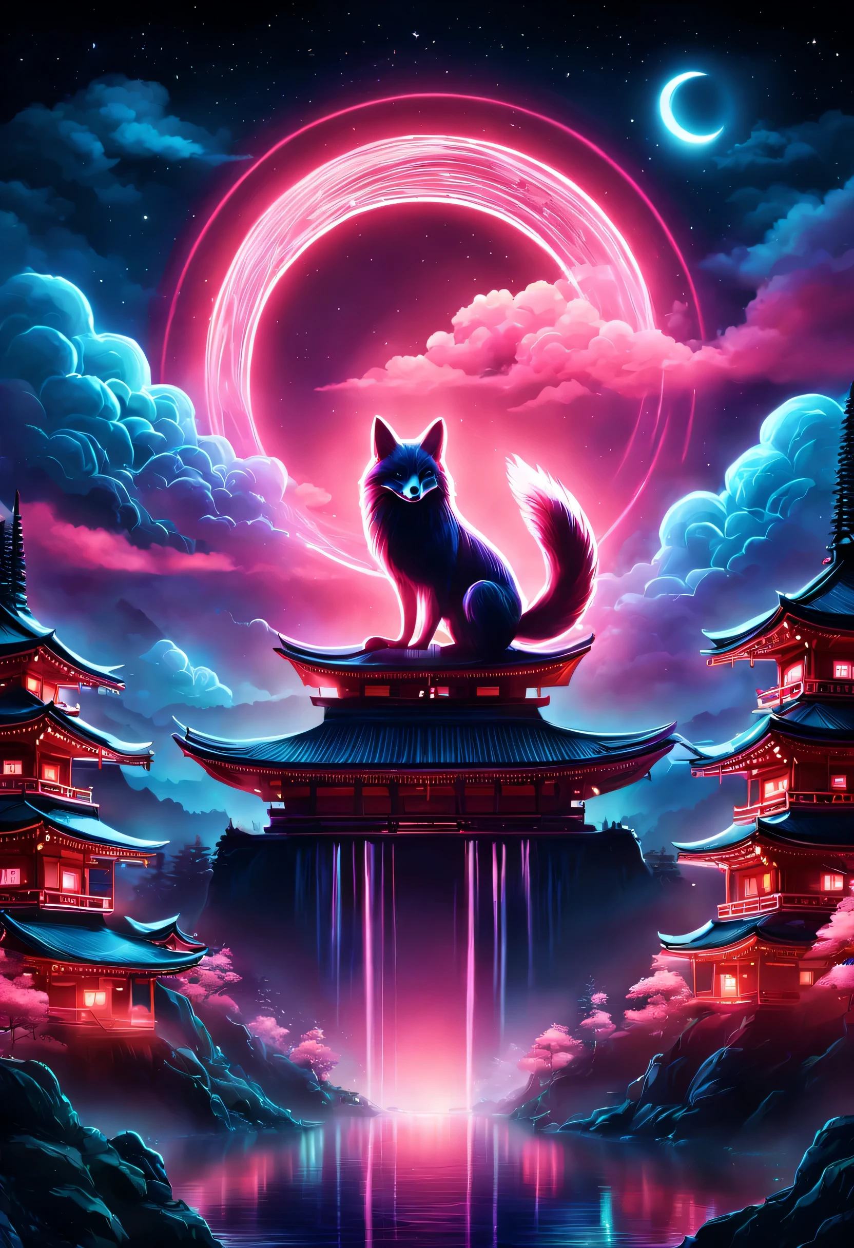 A estética do vaporwave,Pintura de paisagem,Santuário pintado em cores neon,Quioto,Fushimi Inari,torii,Silhueta de uma raposa,lua,star,Nuvem,aurora,lindo,cores ricas,clarão,と明るいclarão,Lance feitiços coloridos,Desenhe em cores neon em um fundo escuro,Fusão do bom e velho cenário japonês e da arte moderna,ilustração pop,poster,composição perfeita,Design que expressa o Japão,Zentângulo,elementos mágicos,maravilhoso,obra de arte,4K,trabalhos de arte,cores brilhantes,preto,Rosa,azul claro,roxo