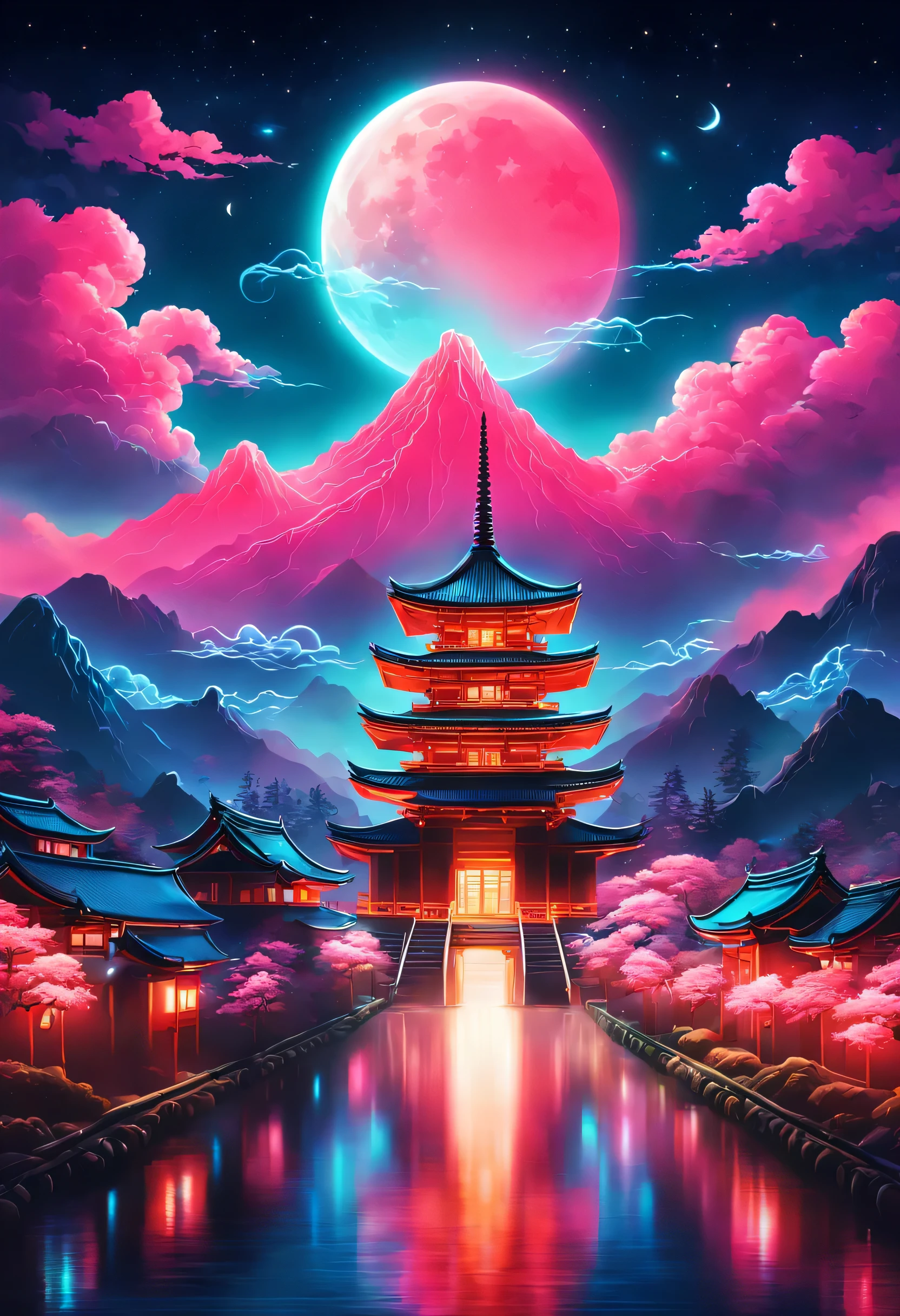 The aesthetics of Vaporwave,Landscape painting,Japan colored in neon colors,Kyoto,Kiyomizu temple,Around Ninenzaka,moon,star,cloud,aurora,beautiful,rich colors,flash,とてもflash,Cast colorful spells,Draw in neon colors on a dark background,Fusion of good old Japanese scenery and modern art,Pop Illustration,poster,perfect composition,Design that expresses Japan,works of art,Bright colors、black,pink,Light blue,purple