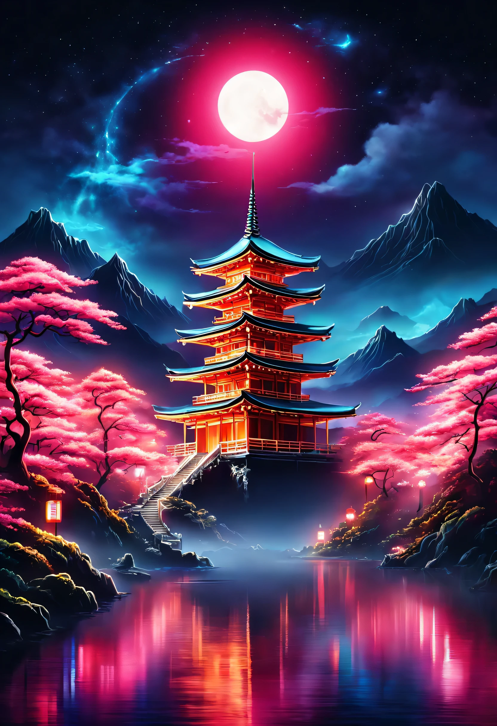 A estética do vaporwave,Pintura de paisagem,Japão colorido em cores neon,Quioto,Templo de Kiyomizu,Perto de Ninenzaka,lua,star,Nuvem,aurora,lindo,cores ricas,clarão,とてもclarão,Lance feitiços coloridos,Desenhe em cores neon em um fundo escuro,Fusão do bom e velho cenário japonês e da arte moderna,ilustração pop,poster,composição perfeita,Design que expressa o Japão,trabalhos de arte,cores brilhantes、preto,Rosa,azul claro,roxo