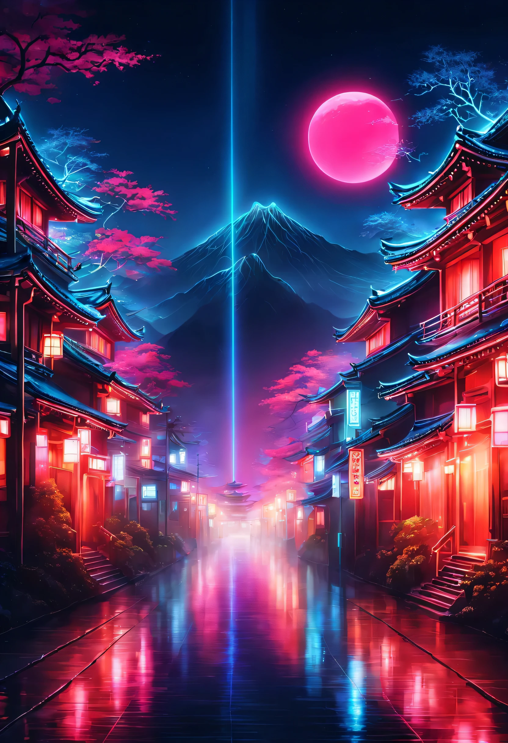 A estética do vaporwave,Pintura de paisagem,Japão colorido em cores neon,Quioto,Templo de Kiyomizu,Perto de Ninenzaka,,lindo,cores ricas,clarão,とてもclarão,Lance feitiços coloridos,Desenhe em cores neon em um fundo escuro,Fusão do bom e velho cenário japonês e da arte moderna,ilustração pop,poster,composição perfeita,Design que expressa o Japão,trabalhos de arte,Rosa,azul claro,roxo