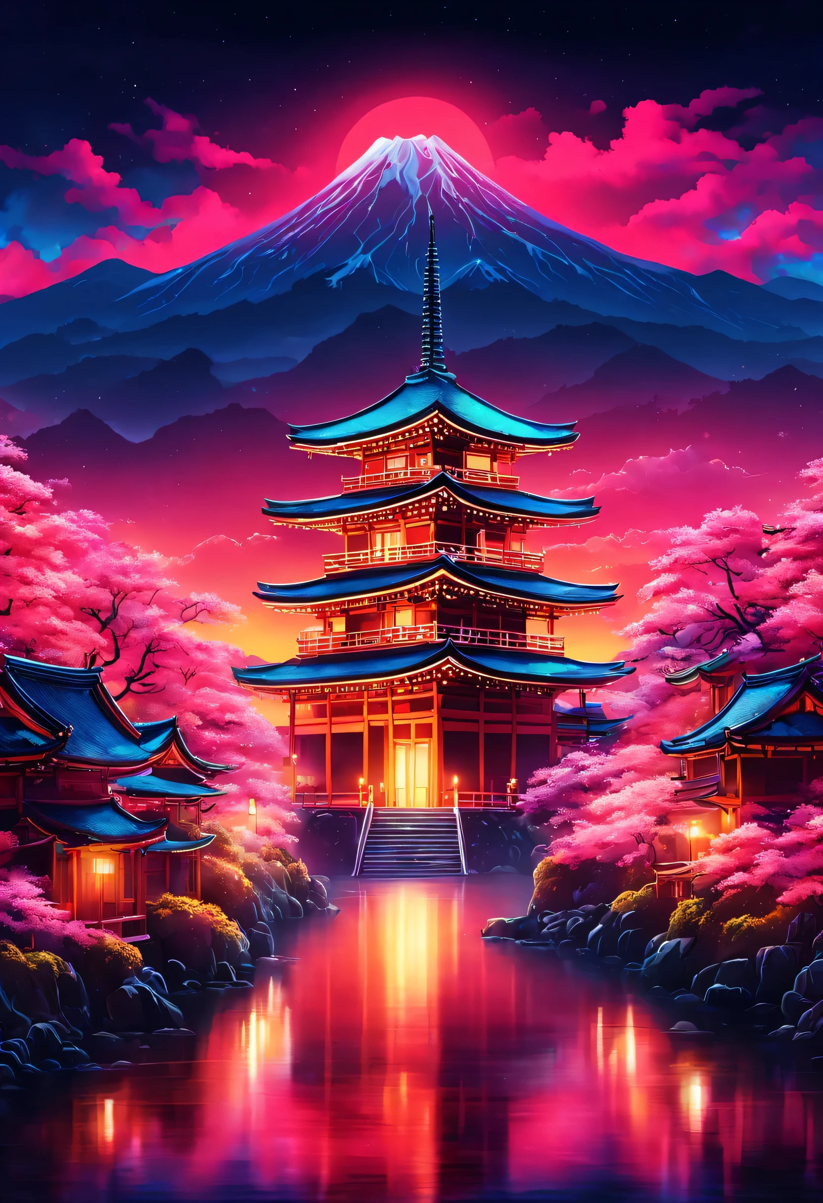 The aesthetics of Vaporwave,Landscape painting,Shrine painted in neon colors,Kyoto,Fushimi Inari,torii,two dancing demon foxes:silhouette,moon,star,cloud,aurora,beautiful,rich colors,flash,と明るいflash,Cast colorful spells,Draw in neon colors on a dark background,Fusion of good old Japanese scenery and modern art,Pop Illustration,poster,perfect composition,Design that expresses Japan,zentangle,magic elements,wonderful,masterpiece,4K,works of art,Bright colors,black,pink,Light blue,purple