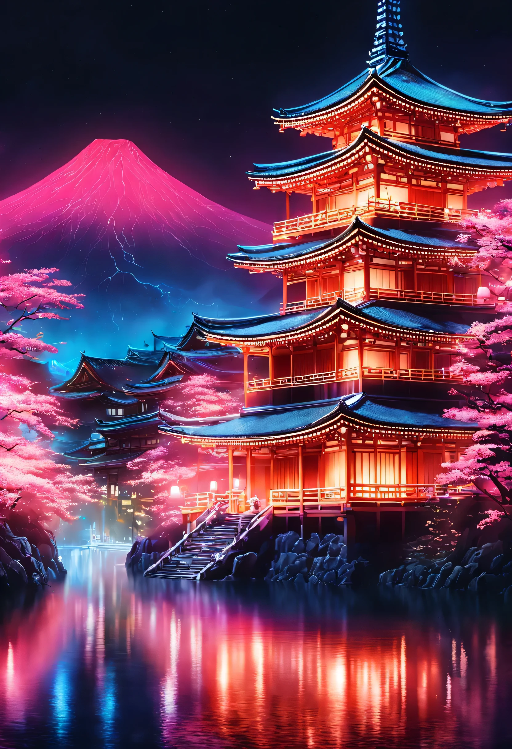 ヴェイパーウェイヴの美学,ネオンカラーで描く国さん,京都,Kiyomizu temple,二年坂周辺,国,最高にかわいい国さん,着物,Kiyomizu temple周辺を歩いている国さん,美しい,豊かな色彩,閃光,とても閃光,カラフルな呪文を唱える,暗い背景にネオンカラーで描く,古き良き日本の風景と現代アートの融合,ポップイラスト,ポスター,完璧な構成,日本を表現するデザイン,芸術作品
