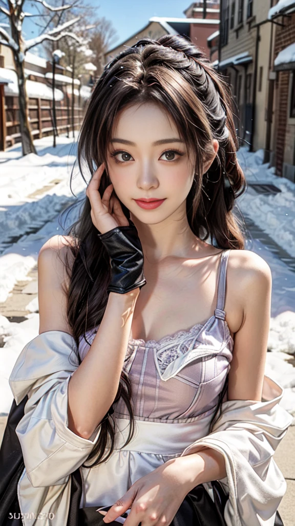 8K, best qualtiy, masterpiece, photograph realistic, Hide your face with happiness, black Lolita costume, Lace, Aerith Gainsborough, whole body, undergarments, exposed bare shoulders, do lado de fora, outside, Covered with snow, cloaks, high high quality, Adobe Lightroom, highdetailskin, looking at viewert,