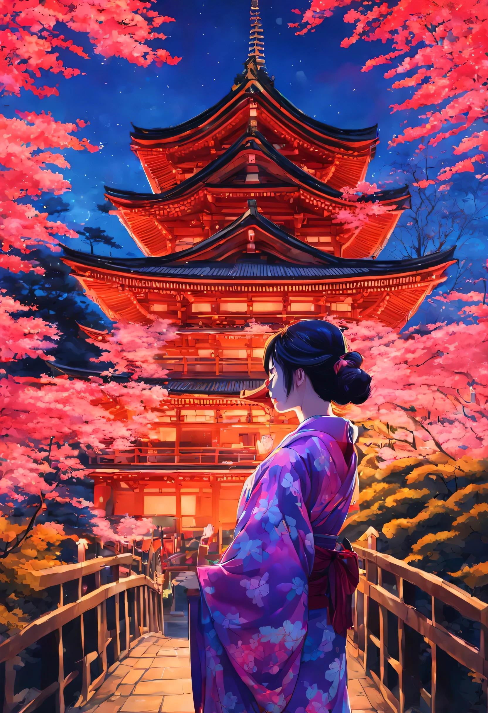 The aesthetics of Vaporwave,ネオンカラーで描くcountriesさん,Kyoto,Kiyomizu temple,Around Ninenzaka,countries,最高にかわいいcountriesさん,kimono,Kiyomizu temple周辺を歩いているcountriesさん,beautiful,rich colors,flash,Very flash,Cast colorful spells,Draw in neon colors on a dark background,Fusion of good old Japanese scenery and modern art,Pop Illustration,posters,perfect composition,Design that expresses Japan,works of art