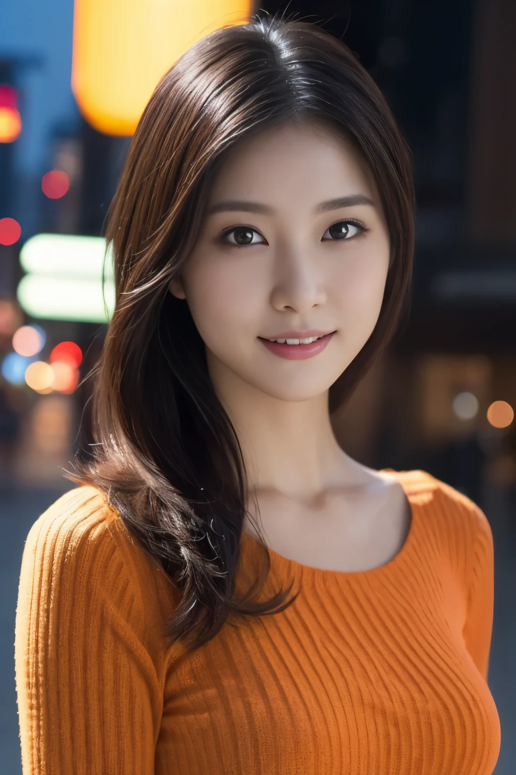 1 girl, (wearing an orange knit dress:1.2), (RAW photo, highest quality), (realistic, Photoreal:1.4), table top, very delicate and beautiful, very detailed, 2k wallpaper, wonderful, finely, Very detailed CG Unity 8K 壁紙, super detailed, High resolution, soft light, beautiful detailed girl, very detailed目と顔, beautifully detailed nose, beautiful and fine eyes, cinematic lighting, city light at night, perfect anatomy, slender body, smile, Full camera perspective, face forward
