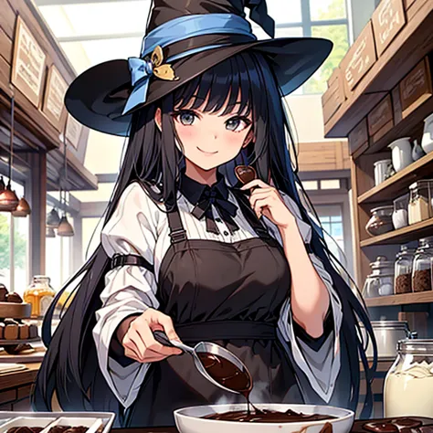 masterpiece, highest quality, 8k, 1 person,13 years,long black hair ,making chocolate with magic, cute smile,  delicate girl, wi...