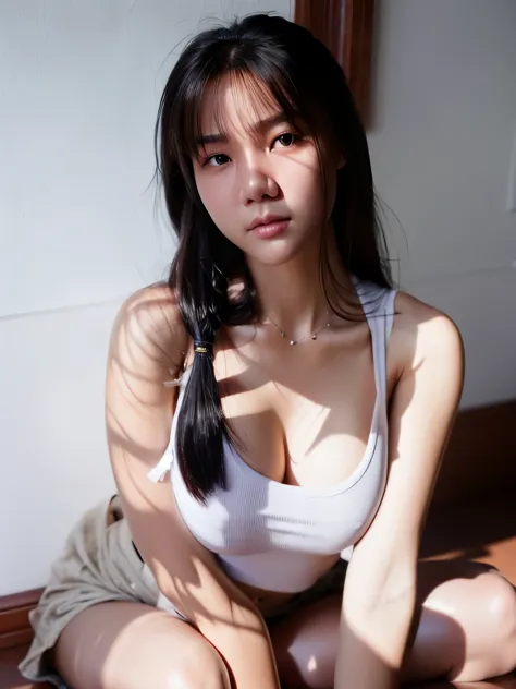 Best quality, masterpiece, super high resolution, super beautiful face, pure body, clear pores visible, original photo, covered in sweat, bare shoulders, deep shadows, low-key, cold light, korean, big tits, school uniform