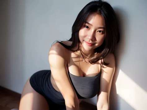 Best quality, masterpiece, super high resolution, super beautiful face, pure body, clear pores visible, original photo, covered in sweat, bare shoulders, deep shadows, low-key, cold light, korean, big tits, mini skirt, little smile,