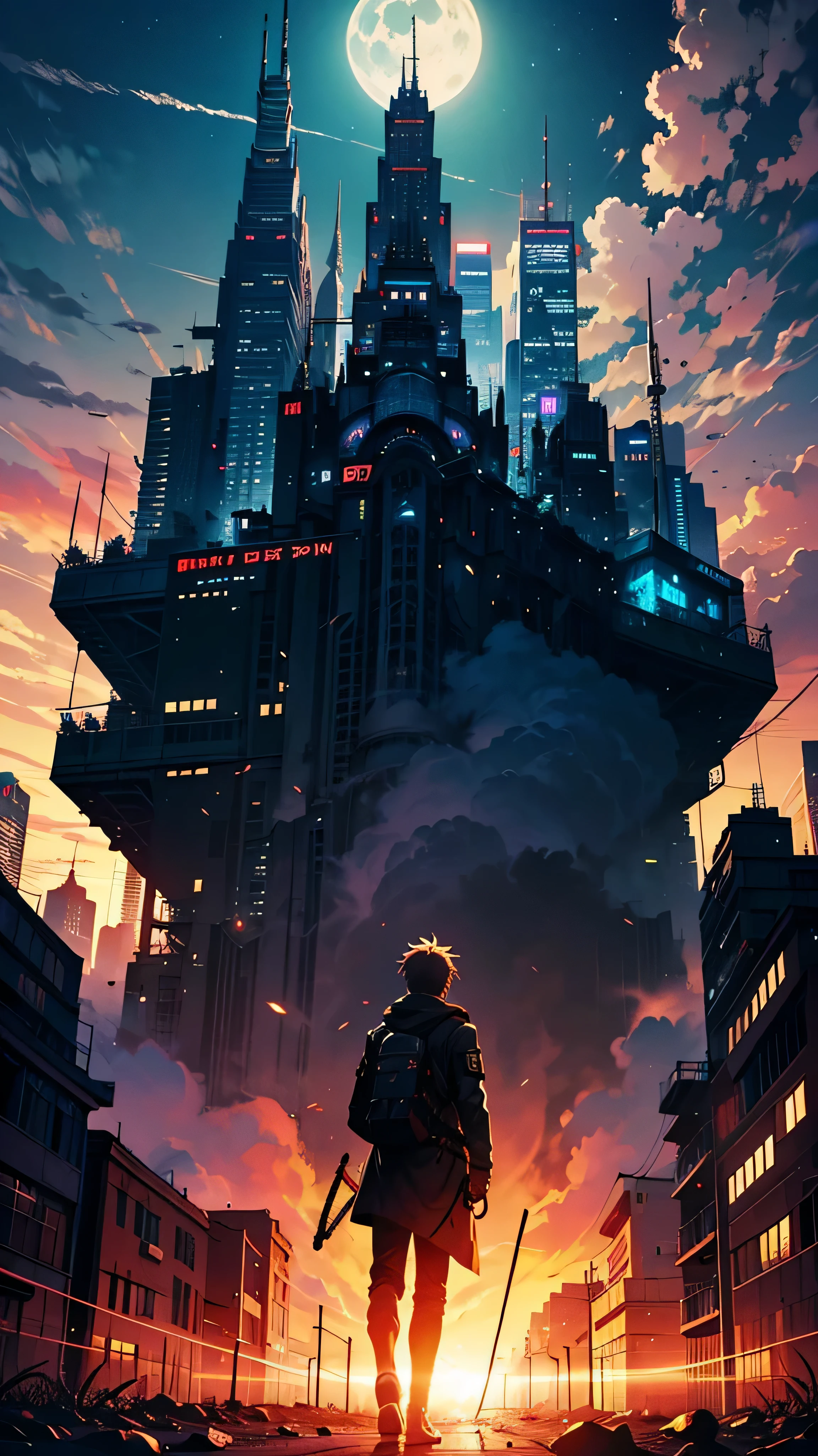 1boy,(a 27 years old guy : 1.5)、Anime-style protagonist、Cyberpunk Boy、silber hair、katanas,machine gun、Whole body bloody、Overhead view of the composition、The beginning of the adventure、Lots of clouds, heavy fog、Moon, Chaotic city of the future、dystopian、Vibrant lighting、Chaotic、Beautiful and fantastic scenery、Cinematic scenery、hightquality、masutepiece,in 8K、high resolution、