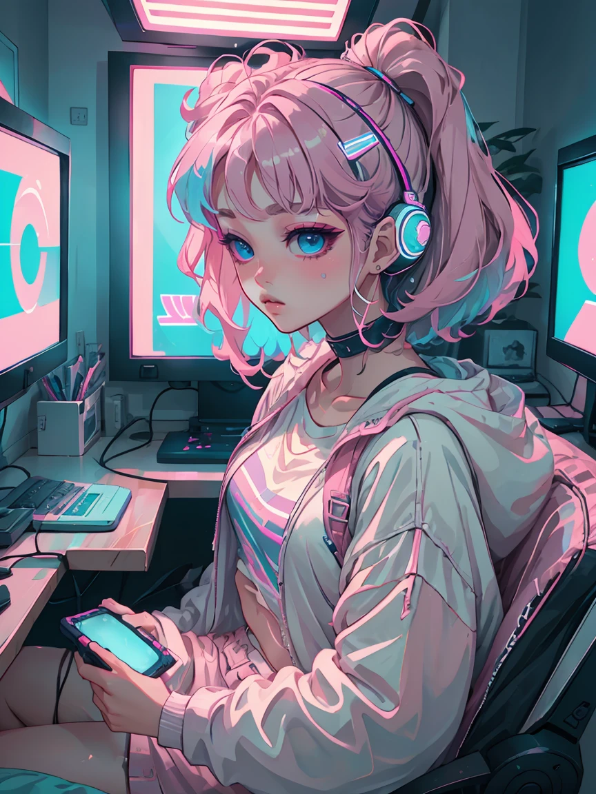 masterpiece, cutecore vaporwave style, 1 woman, playing game, gaming room, casual clothes, 