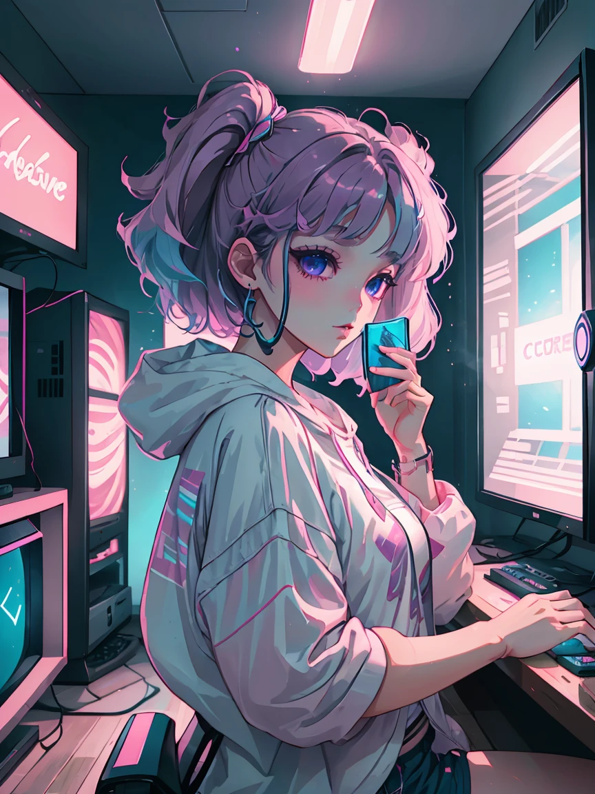 masterpiece, cutecore vaporwave style, 1 woman, playing game, gaming room, casual clothes, 