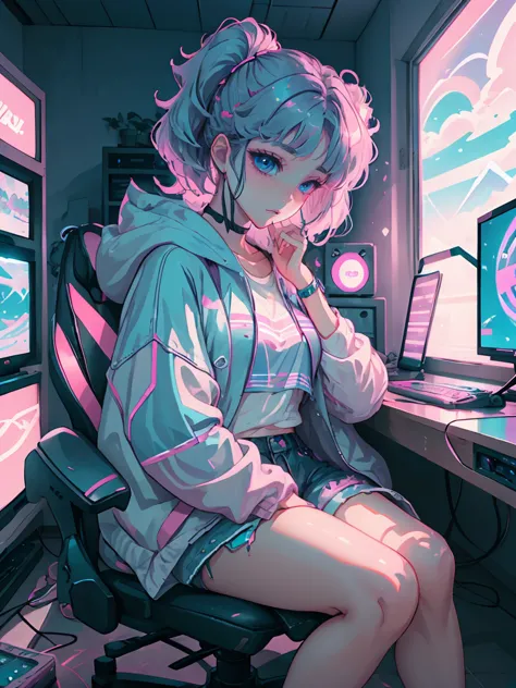 masterpiece, cutecore vaporwave style, 1 woman, playing game, gaming room, casual clothes
,