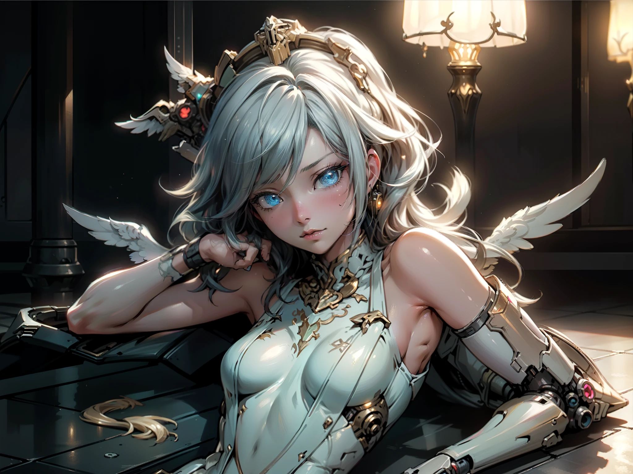 high quality, masterpiece, high resolution, (photorealistic: 1.4),
two Steampunk Cyborg Angel、((dynamic poses)), large wings made of metal、White porcelain body、Transparent acrylic cover、white hair、glowing skin、((super realistic details))、globalillumination、Shadow、 Octane rendering, 8K, ultra-sharp, character edge light, colossal , exposed raw skin on neckline, intricate ornament details, Sumerian details, hydraulic cylinder, small LED lamp, very intricate details, realistic light, radiant eyes. golden details, cowboy photo, futuristic helmets, lying face down on wet floor, sensual face