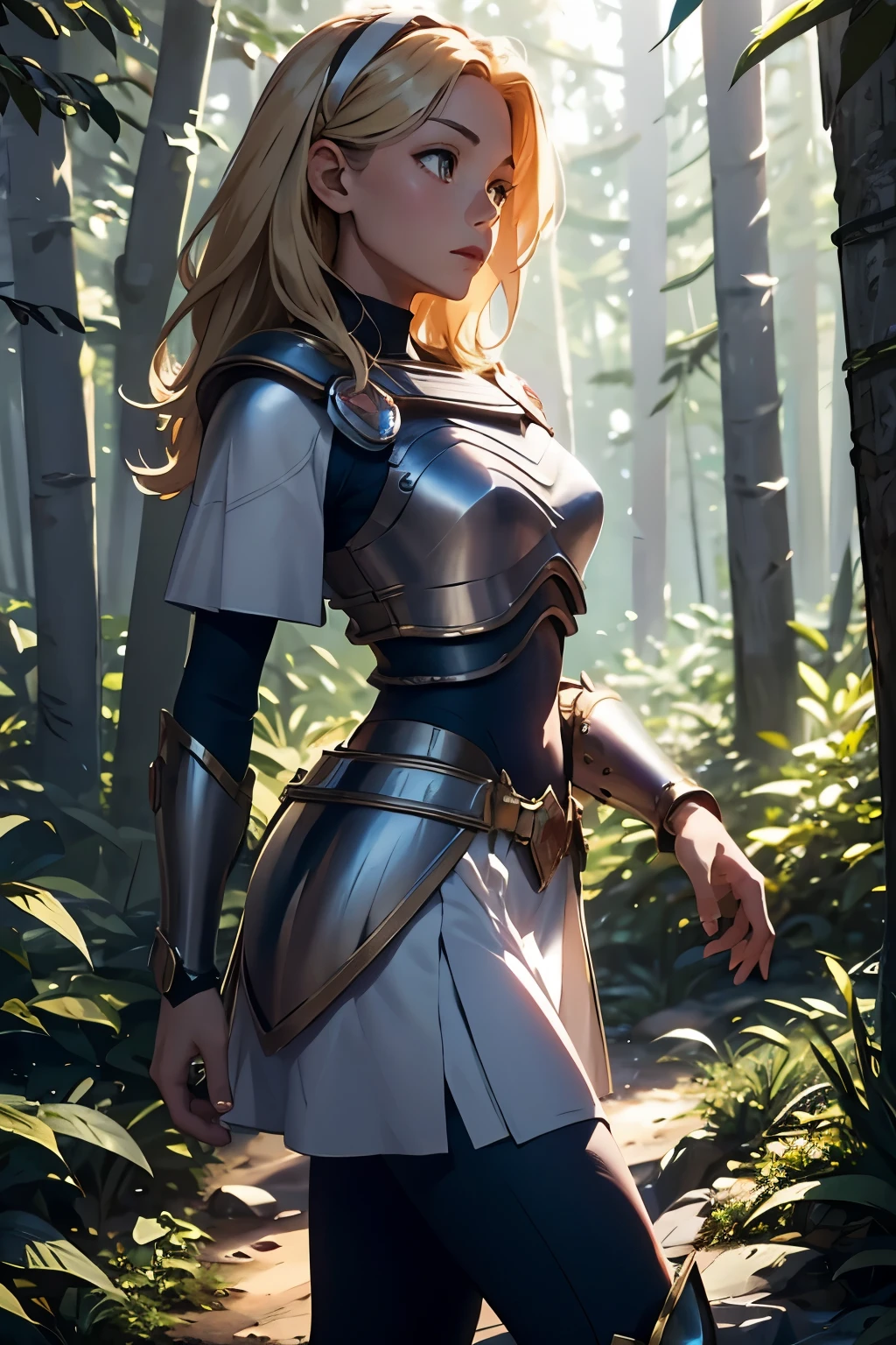 lux101, wearing a light chest plate armor, undressing, and a white skirt, perfect body, perfect face, detailed light, forest background, horny, from the side picture full body