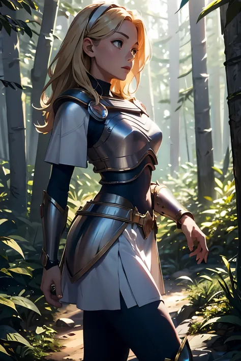 lux101, wearing a light chest plate armor, undressing, and a white skirt, perfect body, perfect face, detailed light, forest bac...