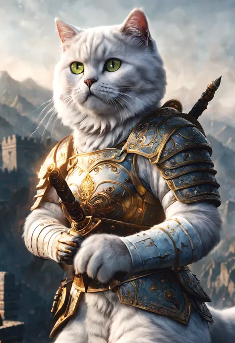 official art, unified 8k wallpaper, super detailed, Beautiful and beautiful, masterpiece, best quality, watching a film《lord of the ring》style of，Real scenes，Epic war scenes，(White British Shorthair Warrior:1.4)，(whole body:1.2), Put on exquisite armor，hol...
