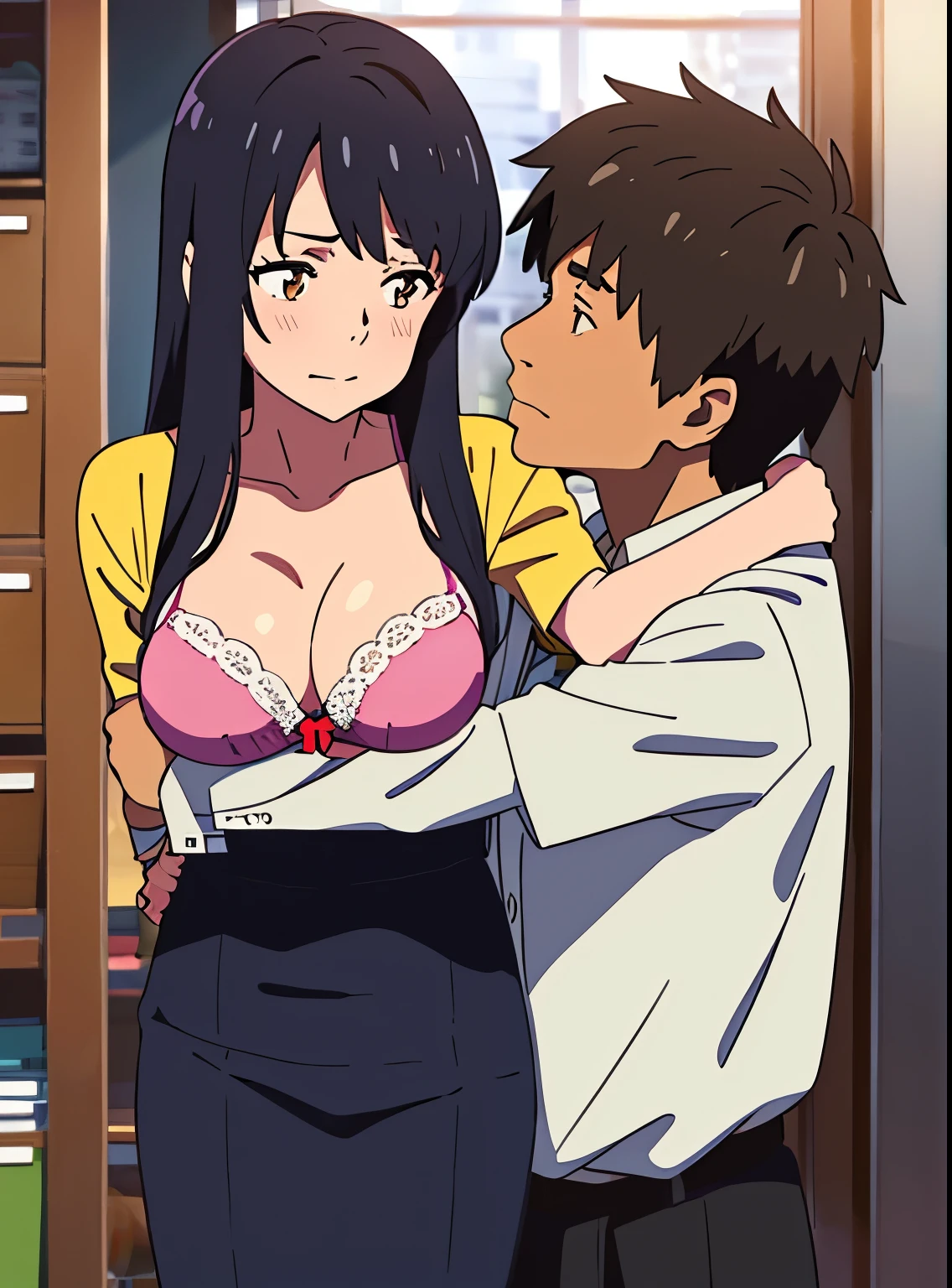 Anime image of a man and woman hugging in a room - SeaArt AI