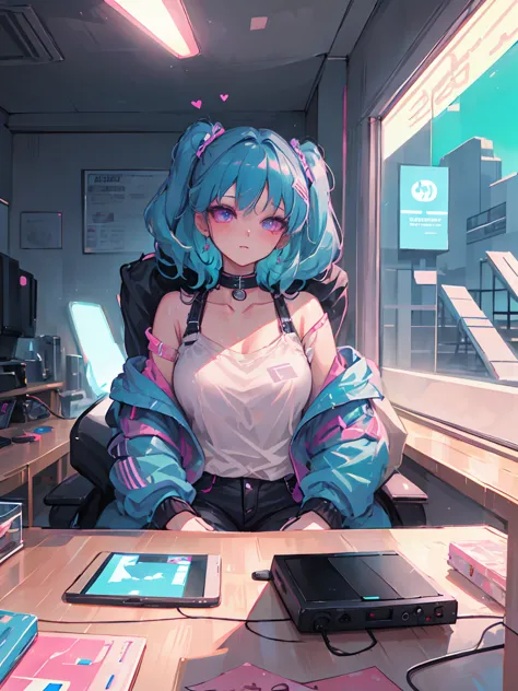 masterpiece, cutecore vaporwave style, 1 woman, playing game, gaming room, casual clothes,