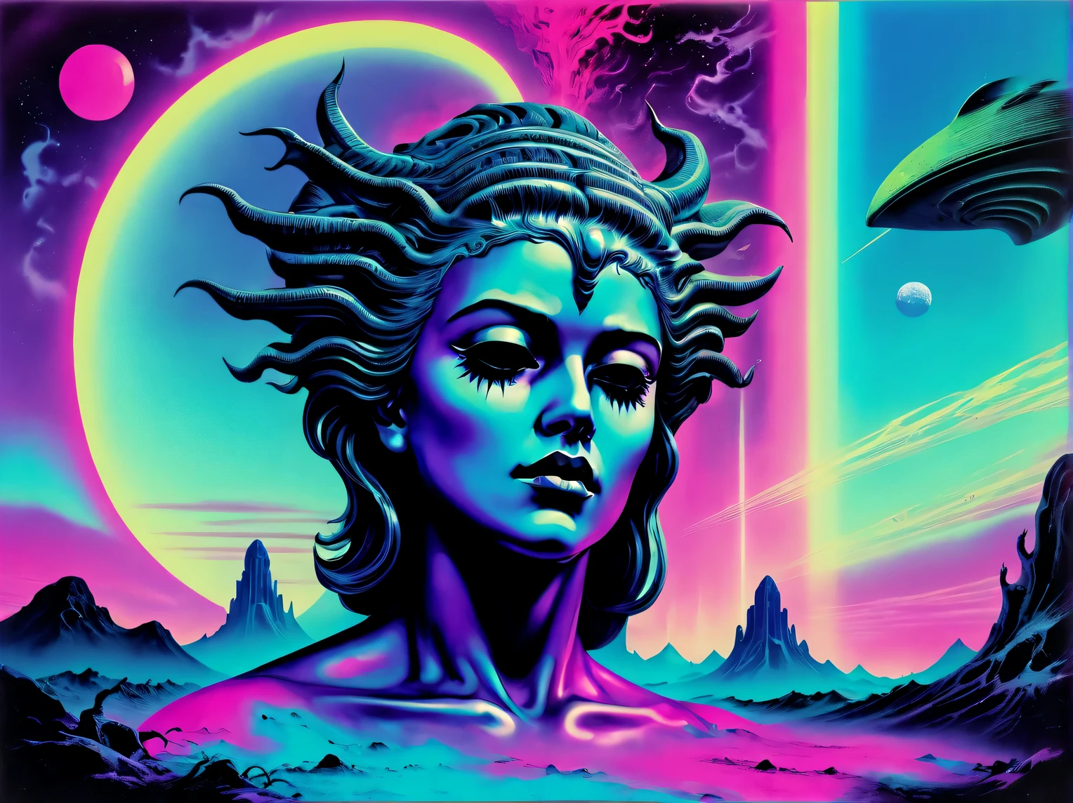 vapor wave aesthetics, A look from the outside, beyond the event horizon, shining of the pure mind, contact of many realities, psychedelic, HR Giger, Xue Wang Gothic Surrealism, all colors, Vapor wave effect