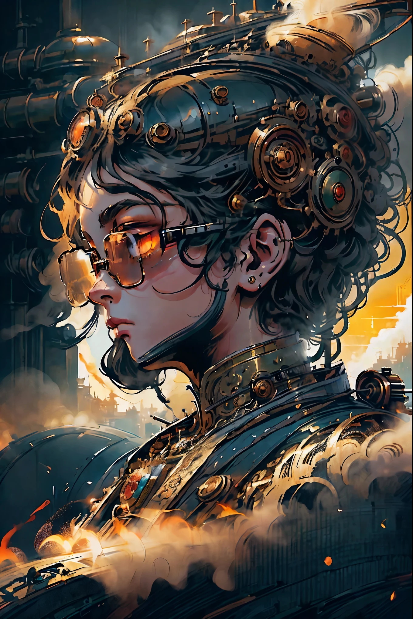 (masterpiece,top quality,best quality,official art,Beautiful and beautiful:1.2),Steampunk, Victorian mechanical world,steam train,smoke,massive clockwork,exquisite machinery, vibrant sunset, neon lights, bustling commercial street, hazy atmosphere, mysterious silhouettes