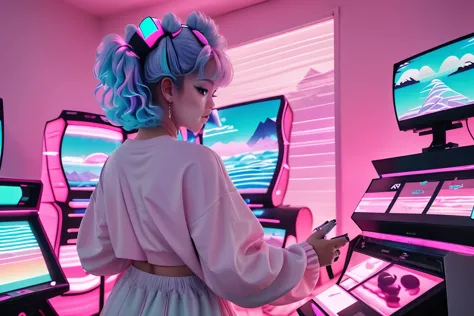 masterpiece, cutecore vaporwave style, 1 woman, playing game, gaming room, casual clothes,