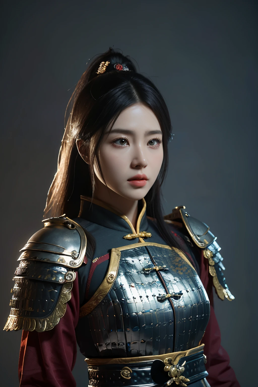 Game art，The best picture quality，Highest resolution，8K，(A bust photograph)，(Portrait)，(Head close-up)，(Rule of thirds)，Unreal Engine 5 rendering works， (The Girl of the Future)，(Female Warrior)， 
15-year-old girl，(The generals of ancient China)，An eye rich in detail，(Big breasts)，Elegant and noble，indifferent，brave，
(Wearing ancient Chinese style armor，Armor of Tang Dynasty，Costumes are rich in detail，Metallic luster，Silver gray)，Chinese Characters，Fantasy style，
Photo poses，Field background，Movie lights，Ray tracing，Game CG，((3D Unreal Engine))，oc rendering reflection pattern