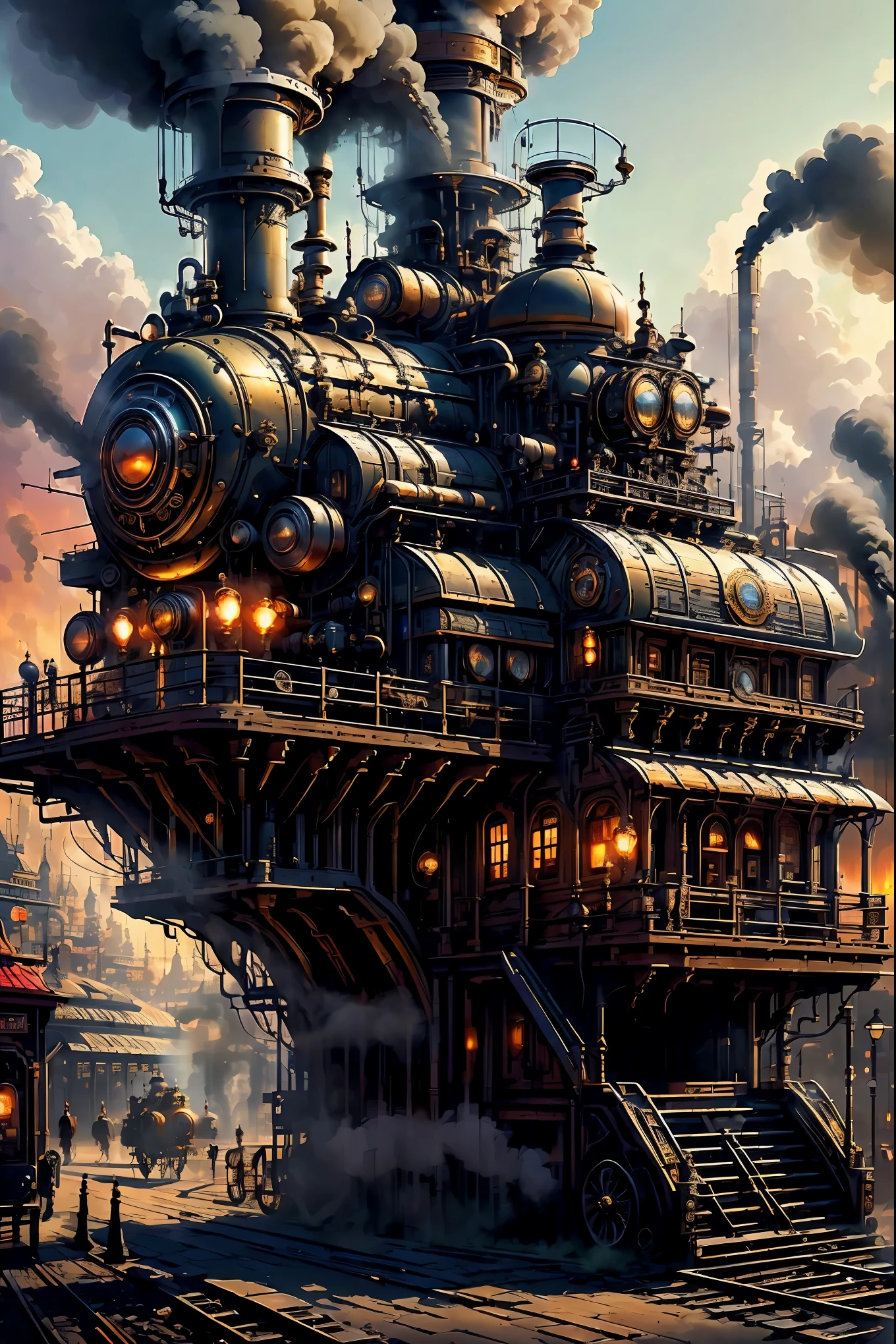 (obra de arte,qualidade máxima,melhor qualidade,Arte oficial,lindo e lindo:1.2),steampunk, Mundo mecânico vitoriano,comboio a vapor,fumaça,enorme mecanismo,maquinaria requintada, pôr do sol vibrante, luzes de neon, Rua comercial movimentada, atmosfera nebulosa, Silhuetas misteriosas