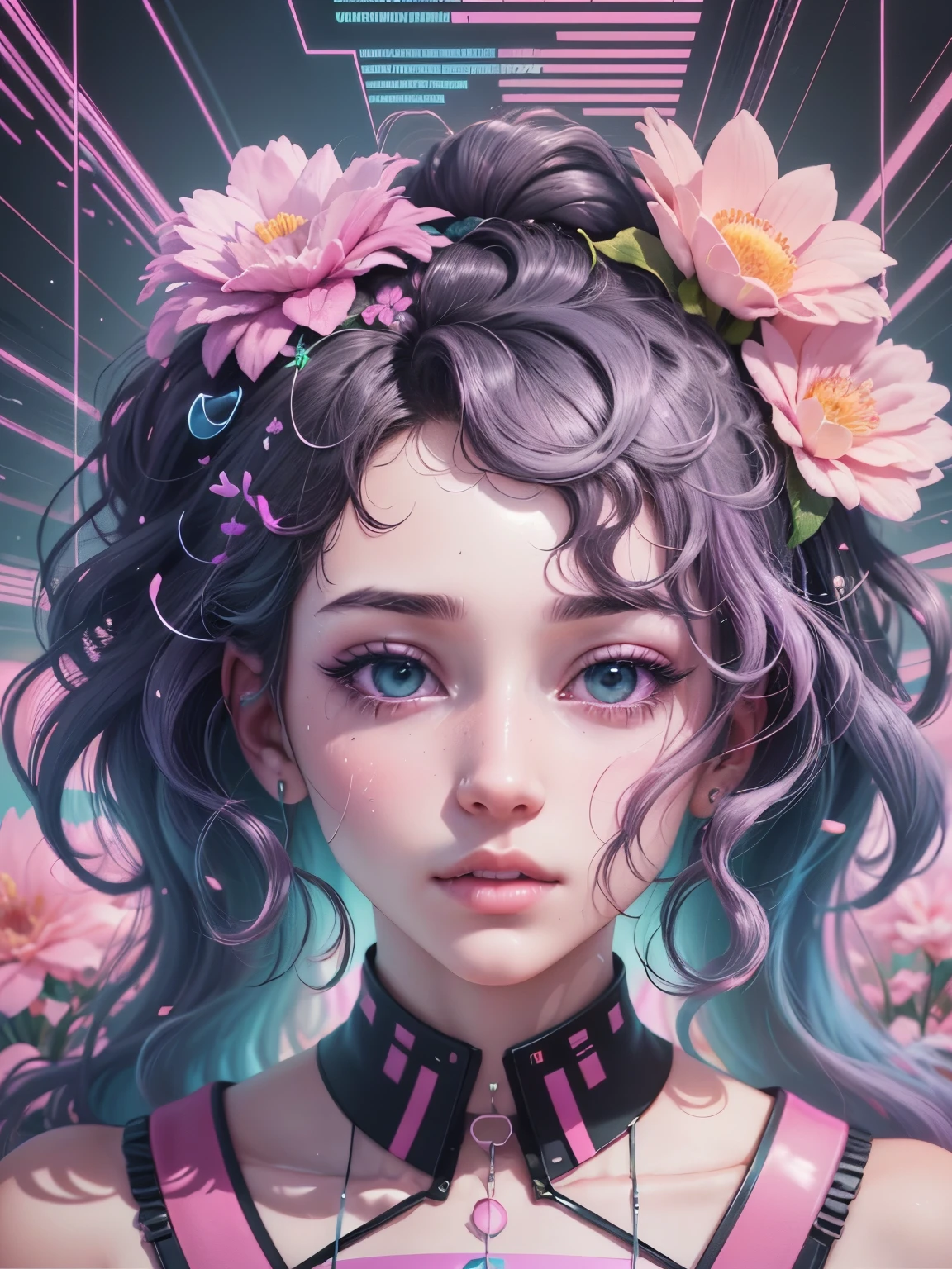 By Vaporwave Album Covers, Aesthetic Internet Art. Pastel pinks, blues, purples, and neon accents. In a virtual world inspired by Vaporwave aesthetics, fantastical flowers bloom amidst glitchy landscapes. The flowers have a surreal and dreamlike quality, blending with the nostalgic and futuristic elements of Vaporwave. The scene is a visual journey through the digital and floral realms, capturing the essence of Vaporwave-inspired floral beauty. Vaporwave, nostalgic, dreamlike, glitchy, virtual world, detailed, lifelike. High-resolution, immersive, capturing Vaporwave aesthetics, captivating, surreal details，(Vaporwave Aesthetic:1.5)