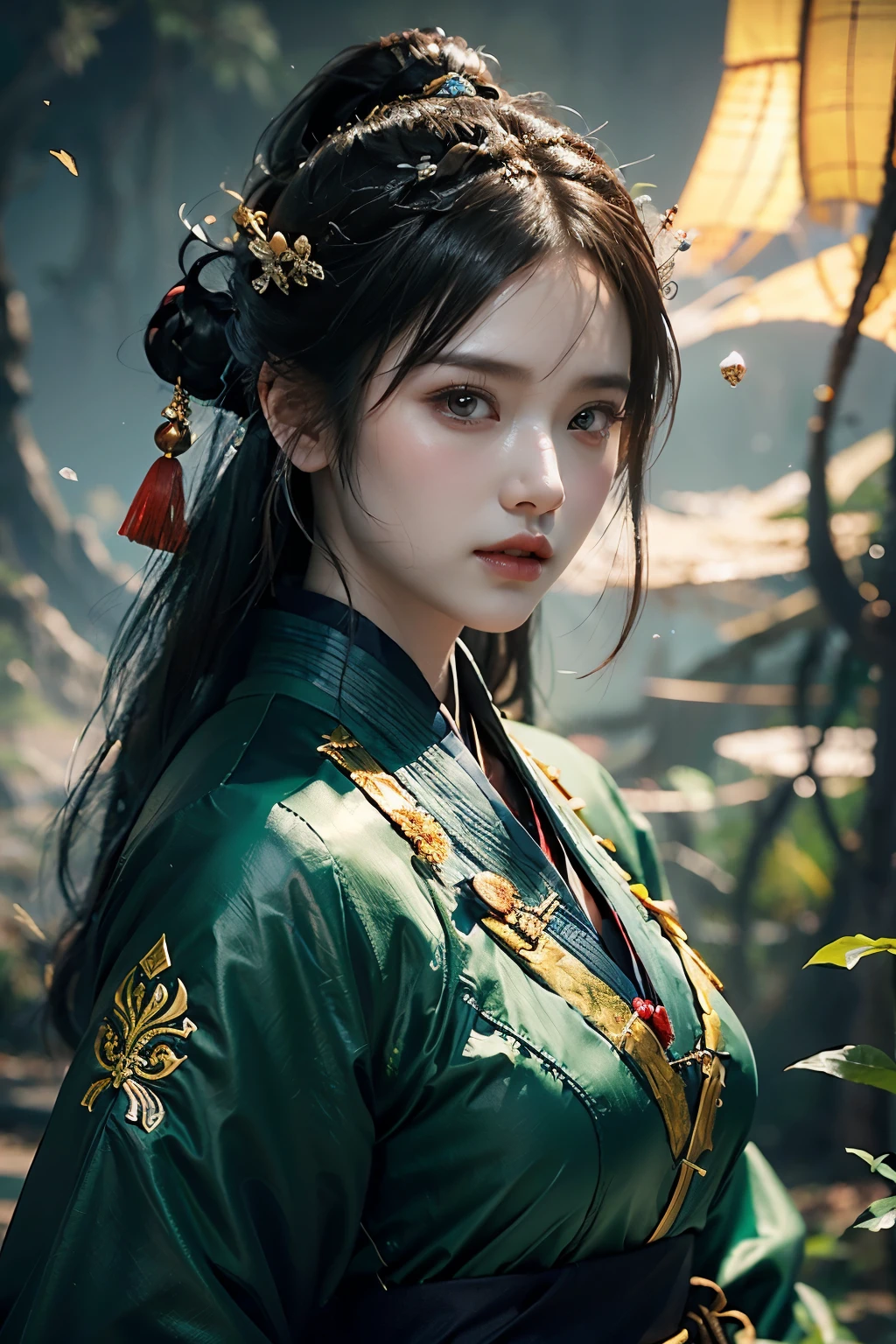 Game art，The best picture quality，Highest resolution，8K，(A bust photograph)，(Portrait)，(Head close-up)，(Rule of thirds)，Unreal Engine 5 rendering works， (The Girl of the Future)，(Female Warrior)， 
25岁少女，(The generals of ancient China)，An eye rich in detail，(Big breasts)，优雅高贵，冷漠，勇敢的，
(Wearing ancient Chinese cloth，Chinese Hanfu，Costumes of the Tang Dynasty，Costumes are rich in detail，Simple shades)，中国人物，奇幻风格，
拍照姿势，野外背景，Movie lights，Ray tracing，Game CG，((3D Unreal Engine))，oc渲染反射纹