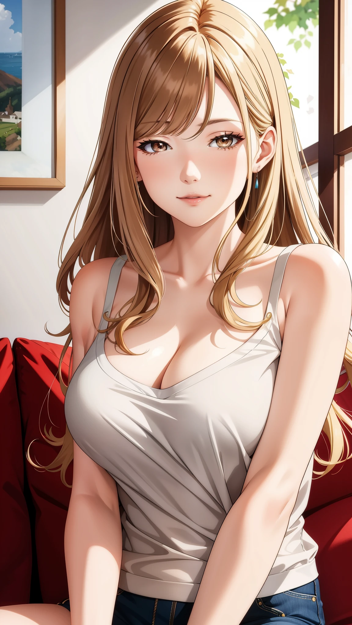 (beste Qualität, highres), Porträt, ältere Schwester Typ erwachsene Frau, raffiniert, lange Haare, seitlich geschwungener Pony, [[[braune Haare]]], Blondes Haar, braune Augen, Wohnzimmer, Freizeitkleidung, Dekollete, ultra-detailliert, Sanftes Licht, leuchtende Farben