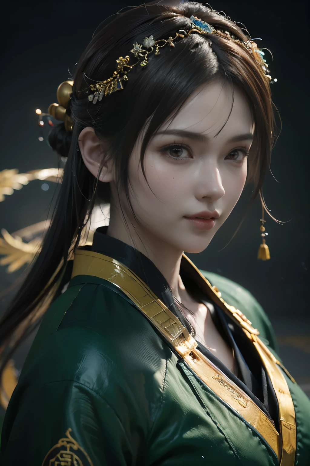 Game art，The best picture quality，Highest resolution，8K，(A bust photograph)，(Portrait)，(Head close-up)，(Rule of thirds)，Unreal Engine 5 rendering works， (The Girl of the Future)，(Female Warrior)， 
25岁少女，(The generals of ancient China)，An eye rich in detail，(Big breasts)，优雅高贵，冷漠，勇敢的，
(Wearing ancient Chinese cloth，Chinese Hanfu，Costumes of the Tang Dynasty，Costumes are rich in detail，Simple shades)，中国人物，奇幻风格，
拍照姿势，野外背景，Movie lights，Ray tracing，Game CG，((3D Unreal Engine))，oc渲染反射纹