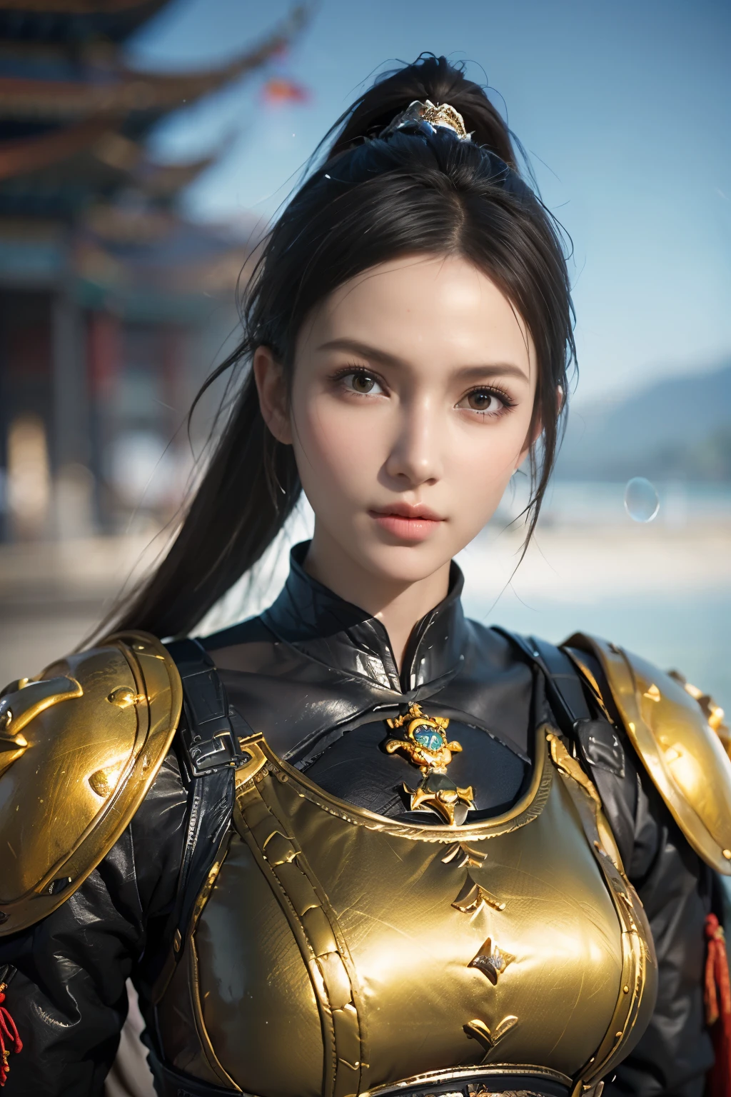 Game art，The best picture quality，Highest resolution，8K，(A bust photograph)，(Portrait)，(Head close-up)，(Rule of thirds)，Unreal Engine 5 rendering works， (The Girl of the Future)，(Female Warrior)， 
15岁少女，(The generals of ancient China)，An eye rich in detail，(Big breasts)，优雅高贵，冷漠，勇敢的，
(Wearing ancient Chinese style armor，Armor of Tang Dynasty，Costumes are rich in detail，Metallic luster，Silver gray)，中国人物，奇幻风格，
拍照姿势，野外背景，Movie lights，Ray tracing，Game CG，((3D Unreal Engine))，oc渲染反射纹