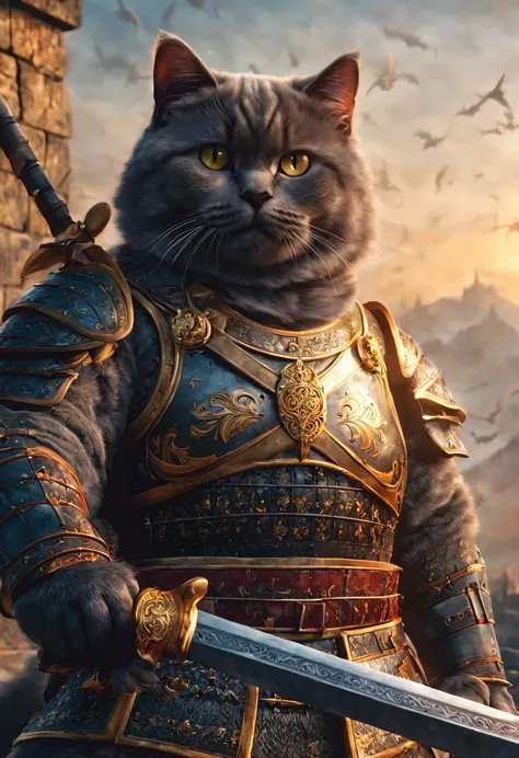 official art, unified 8k wallpaper, super detailed, Beautiful and beautiful, masterpiece, best quality, watching a film《lord of the ring》style of，Real scenes，Epic war scenes，(A fat British shorthair warrior cat:1.4)，Put on exquisite armor，Holding a long sw...