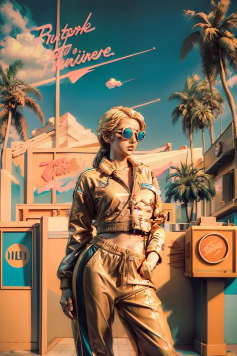 (((retro artstyle))) ((masterpiece)) A girl with blonde hair , sunglasses , retro track jacket , retro sweatpants , full body po...