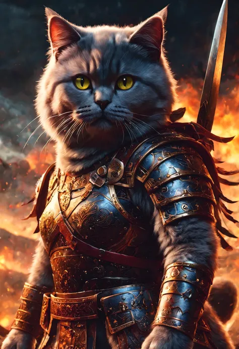 official art, unified 8k wallpaper, super detailed, Beautiful and beautiful, masterpiece, best quality, watching a film《lord of the ring》style of，Real scenes，Epic war scenes，(A fat British shorthair warrior cat:1.4)，Put on exquisite armor，Holding a long sw...