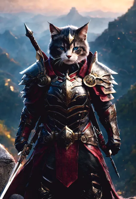 official art, unified 8k wallpaper, super detailed, Beautiful and beautiful, masterpiece, best quality, Costume animals page, Dirk Fintas，watching a film《lord of the ring》style of，Real-world scenarios，Epic war scenes，(cute cat warrior:1.2), (whole body), W...