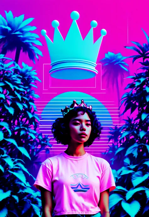 girl in the garden,pink background,the crown on her head,the message written above said "steam graphics",vaporwave style,(vaporw...