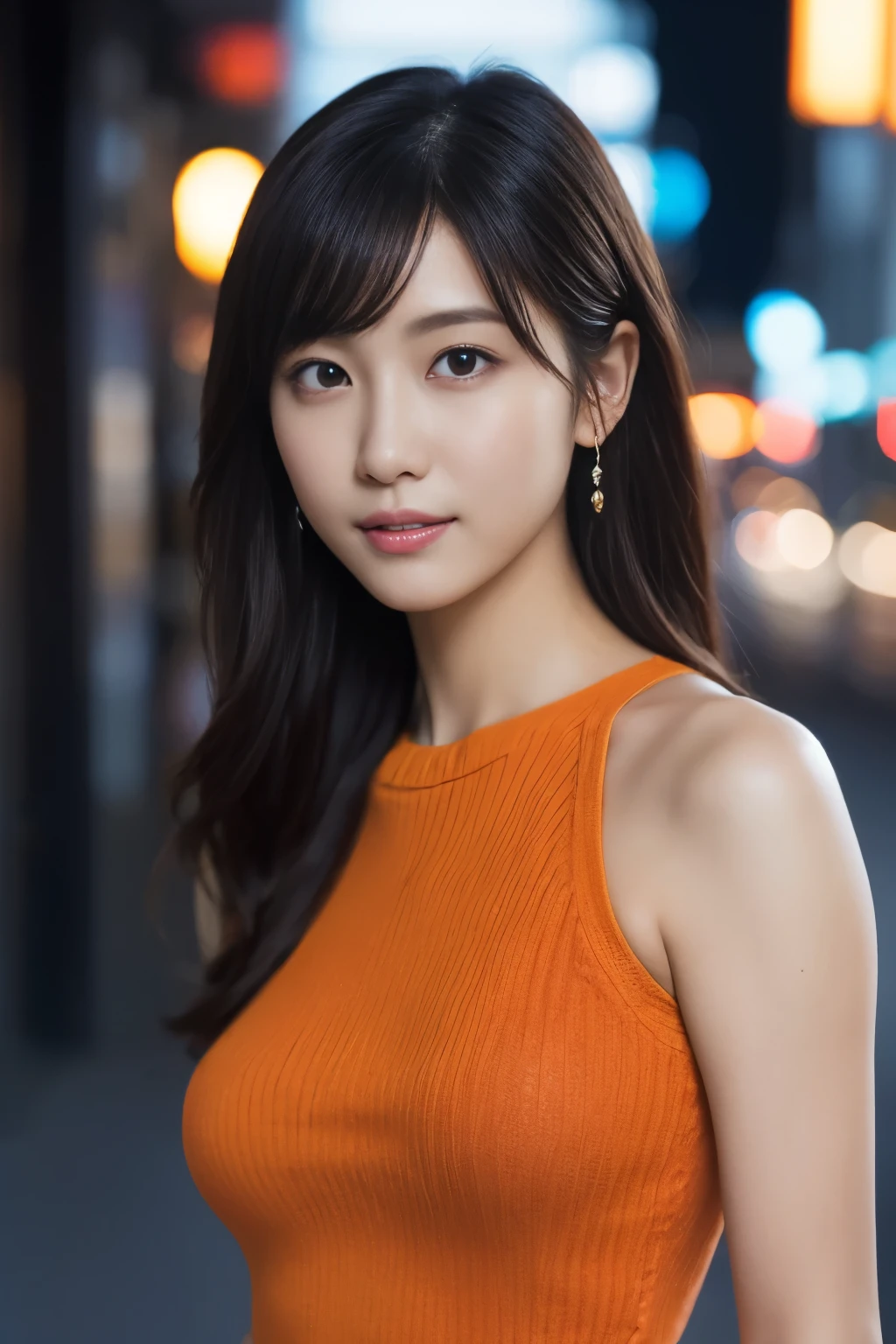 1 girl, (wearing an orange knit dress:1.2), (RAW photo, highest quality), (realistic, Photoreal:1.4), table top, very delicate and beautiful, very detailed, 2k wallpaper, wonderful, finely, very detailed CG Unity 8K 壁紙, super detailed, High resolution, soft light, beautiful detailed girl, very detailed目と顔, beautifully detailed nose, beautiful and fine eyes, cinematic lighting, city light at night, perfect anatomy, slender body, smile, Full camera perspective, face forward