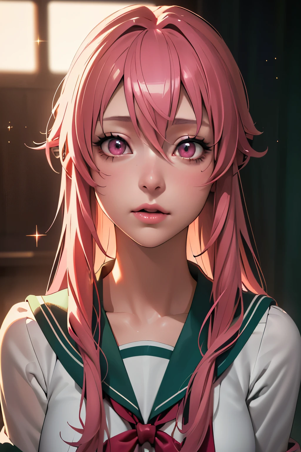 (((1girl))), (((Waifu, Mirai Nikki, Yuno Gasai Waifu))), (((Hot Pink Hair, Long Hair))), ((Blood Red Eyes eyes:1.3, Upturned Eyes: 1, Perfect Eyes, Beautiful Detailed Eyes, Gradient eyes: 1, Finely Detailed Beautiful Eyes: 1, Symmetrical Eyes: 1, Big Highlight On Eyes: 1.2)), (((Lustrous Skin: 1.5, Bright Skin: 1.5, Skin Fair, Shiny Skin, Very Shiny Skin, Shiny Body, Plastic Glitter Skin, Exaggerated Shiny Skin, Illuminated Skin))), (Detailed Body, (Detailed Face)), (Best Quality), (((School Uniform, Green Sailor Seifuku, Bloodstained))), Yandere, High Resolution, Sharp Focus, Ultra Detailed, Extremely Detailed, Extremely High Quality Artwork, (Realistic, Photorealistic: 1.37), 8k_Wallpaper, (Extremely Detailed CG 8k), (Very Fine 8K CG), ((Hyper Super Ultra Detailed Perfect Piece)), (((Flawless Masterpiece))), Illustration, Vibrant Colors, (Intricate), High Contrast, Selective Lighting, Double Exposure, HDR (High Dynamic Range), Post-processing, Background Blur, Inky Shadows, Darker Shadows, Thick Shadows, High Quality Shadows, high detail, realistic, Cinematic Light, sidelighting, Lens Flare, Ray tracing, sharp focus,