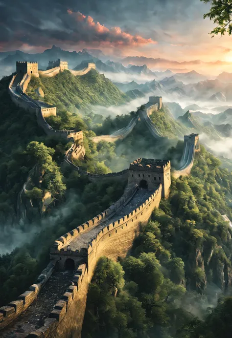 official art, unified 8k wallpaper, super detailed, Beautiful and beautiful, masterpiece, best quality, watching a film《lord of the ring》style of，Real scenes，Epic war scenes，A dragon flies over the Great Wall，cool color，texture，Ray tracing，