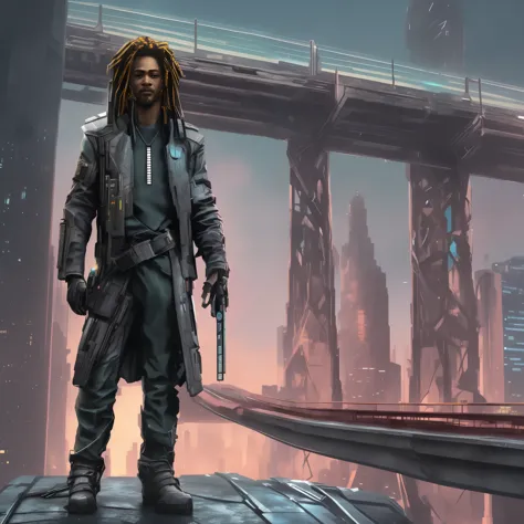 there is a man standing on a platform in a sci - fi city, cyberpunk character art, cyberpunk digital painting, african cyberpunk...