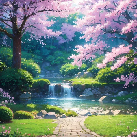 ((highest quality)), ((masterpiece)), ((realistic))，peaceful japan garden，fantastic cherry blossoms, scenic, precise，最高masterpie...