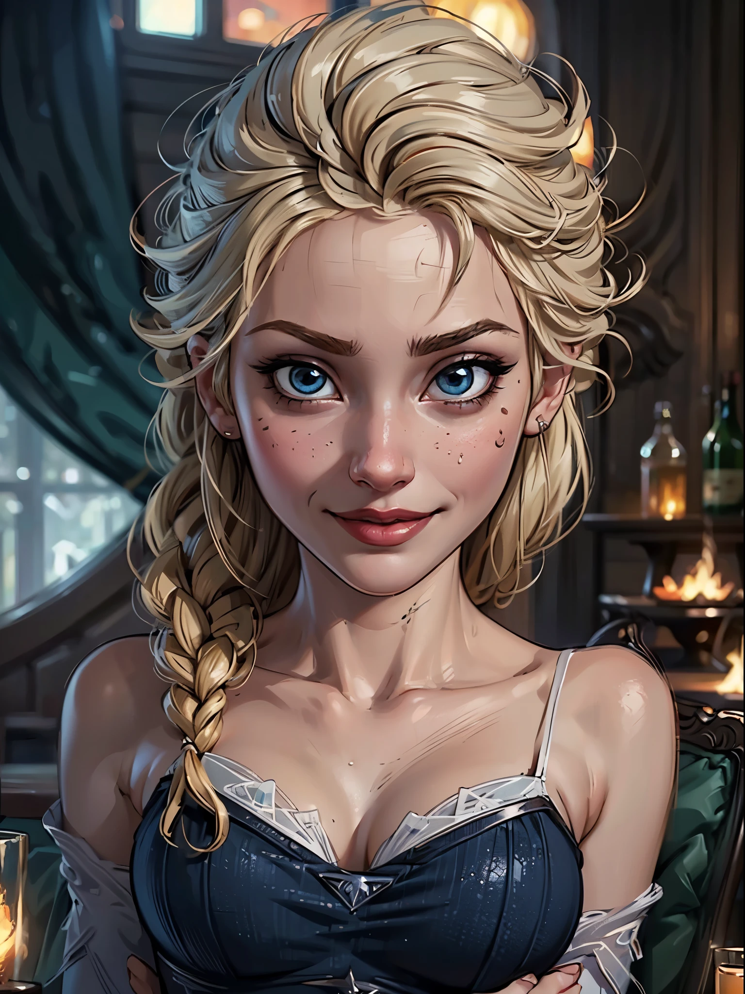 Princess Elsa, A beautiful young woman in an erotic white dress with deep slit skirt, ((transparent fabric)), cleavagem (masterpiece: 1.1), (best quality: 1.1), (anatomically correct: 1.1), (perfect hand: 1.1 ), ( (Facial Detail: 1.3)), (Skin Detail), (Perfect Eyes), (Perfect Nose), (Realistic), Octane Rendering, Sharp Focus, (8k), (4k), (Masterpiece), (best quality), ((huge lips: 1,3)), detailed backgrounds, art by artgerm and Greg Rutkowski, cinematic lighting, 8k, smirk, seductive_smile, inviting smile