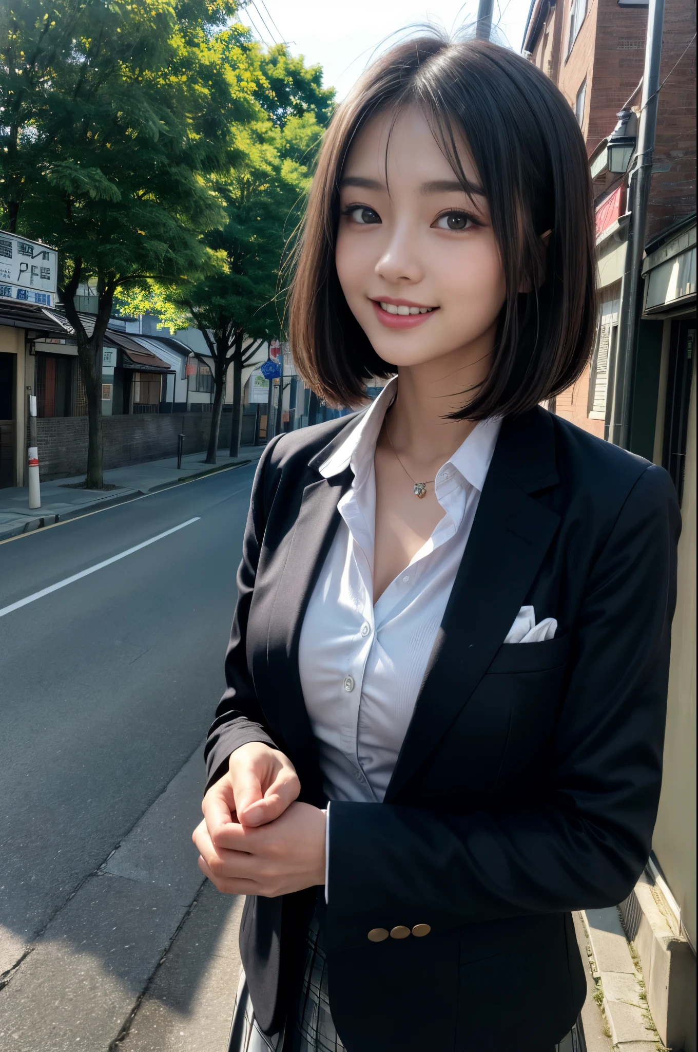 ((傑作), (高解像度8k)), 写真のようにリアル, 日本の女の子, (見事な顔, 詳細な目と顔, 輝く肌), 十代の若者たち, 笑顔, (ボブカット), (学生服, ブレザー), 振り向く, (胸に手を当てる), (半身), 正面から, (町並み, 歩道, 電柱, 街路樹), 昼間, (プロフェッショナル照明)